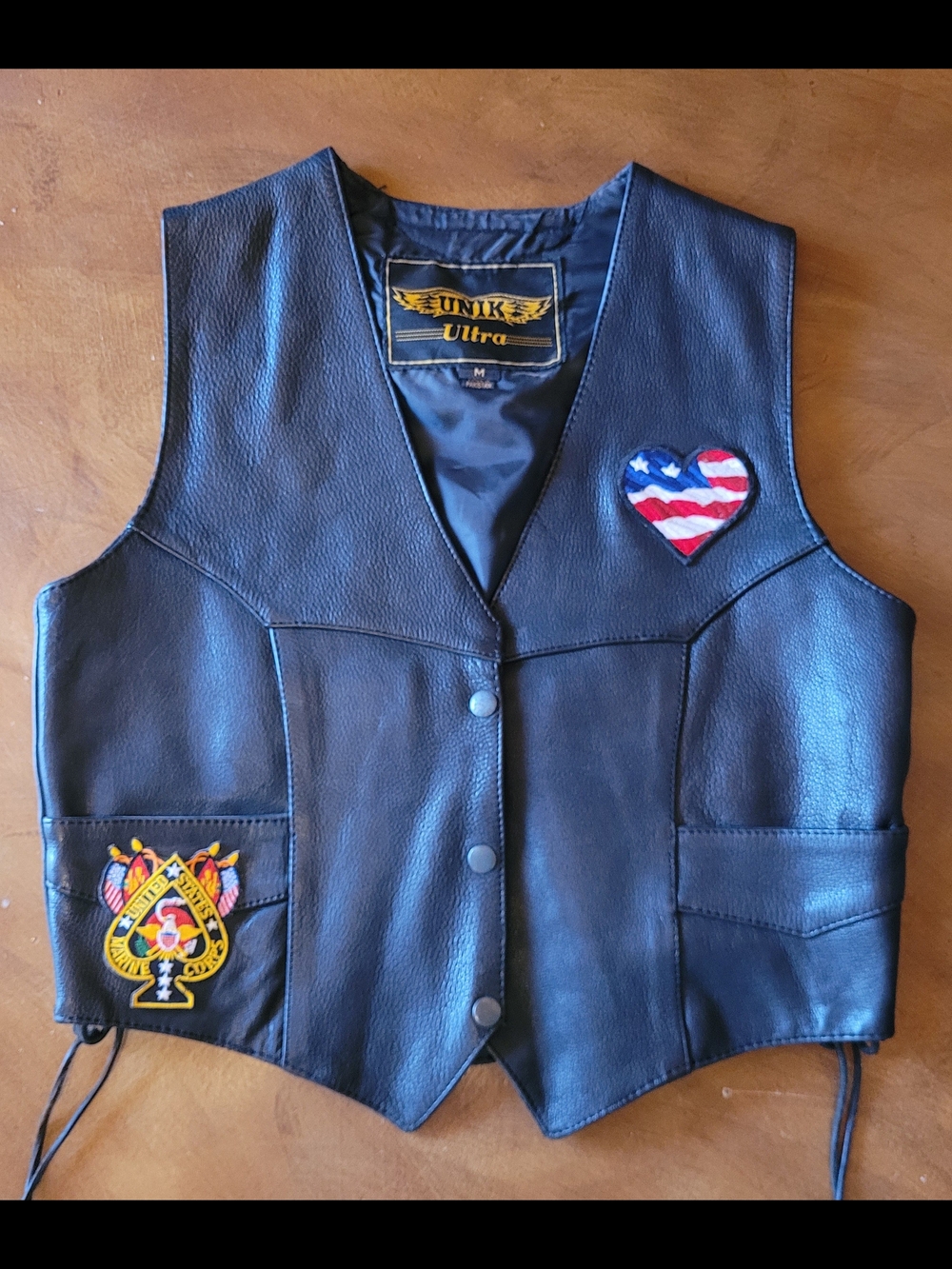 Unik Ultra Black Leather Vest with Patriotic Heart Patch